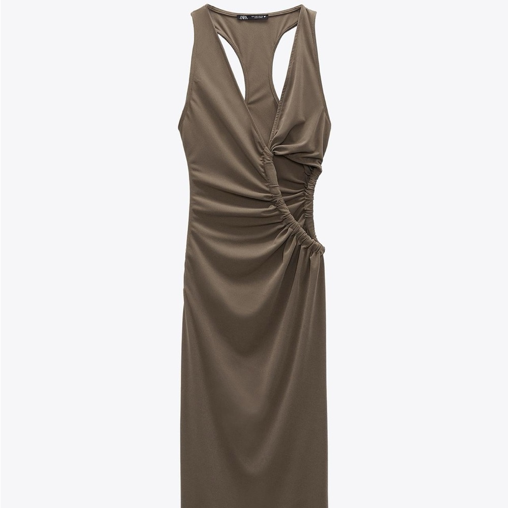 Zara Cut Out Midi Brownish Green Dress